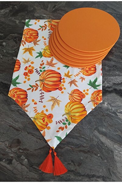 biXwood Bal Kabağı Desenli Runner+ 6 Adet Turuncu Amerikan Servis Supla Seti