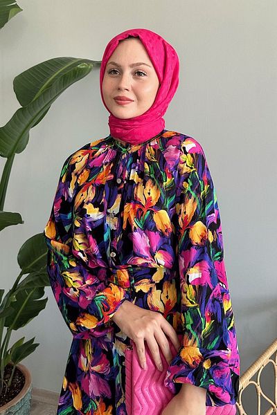 InStyle Μωβ φόρεμα βισκόζης - Floral σχέδιο και ζώνη