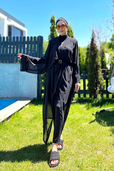 Remsa Mayo Hatice Rp004 - Plain Black Hijab Swimsuit, Single Caftan Kimono Pareo