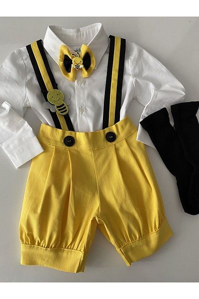 tubibebe Bee Concept Shorts and Salopette Shirt Bow Tie Socks Set - Set of 4