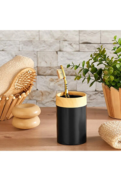 Mutfak Köşesi Black Bamboo patterned 5-piece Bathroom Set - Dustbin, liquid Soap, Toothbrush Holder