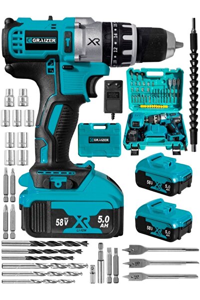 Graizer Alman 58 V 5 Ah Darbeli Bakır Sargili Metal Şanzuman Şarjlı Çift Akülü Vidalama Matkap