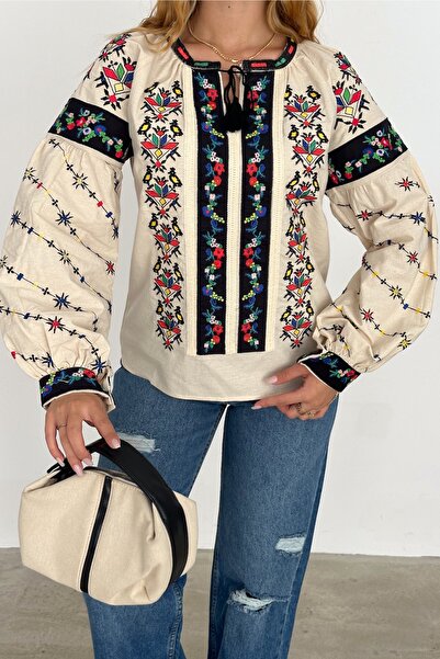 FEMELLE Beige Vintage Cotton Blouse - Tassel Detail, Embroidery Embroidered, Cross Stitch