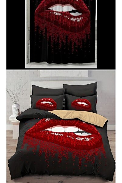 Elmas Dizayn طقم سرير مزدوج من الساتان القطني مكون من 4 قطع - ستارة خلفية بال...