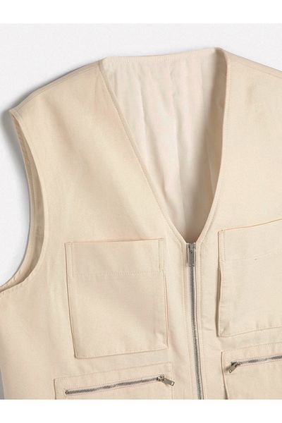 REFA COLLECTİON V-neck Zippered Sleeveless Vest - Pocket Detailed Cover