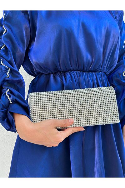 Sh Poly Γυναικείο βραδινό φόρεμα Clutch με λεπτομέρεια από ασημί πέτρα - Τσάντα χειρός, βραδινή και γαμήλια τσάντα