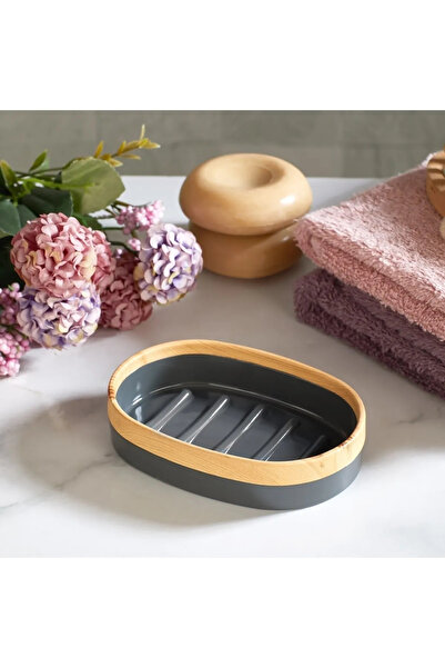 Mutfak Köşesi Gray 5-piece Bathroom Set - Limpia Bamboo Pattern, Dustbin, liquid Soap Dispenser and Toothbrush Holder