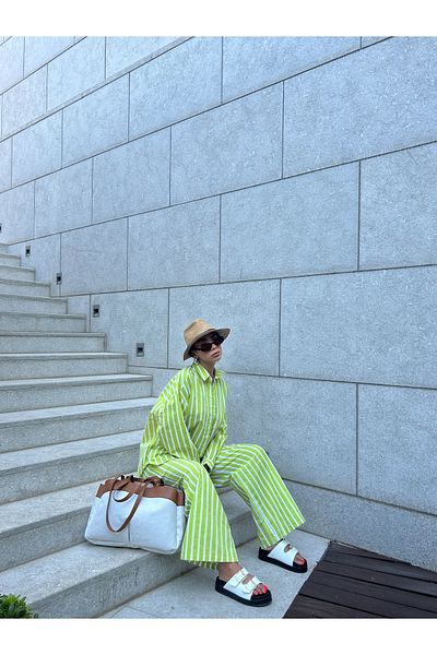 minaaise 100% Cotton Fat Green White Striped Elastic Waist Trousers - 27370