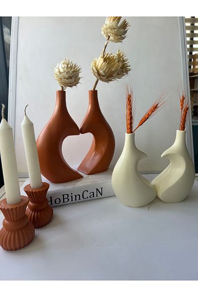 BLANJ Dear Brick-Cream Colored Heart Vase and Candle Holder Damask Set