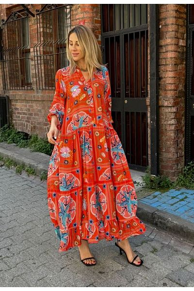 Natavan Rochie de vară din bumbac portocaliu - Guler cămașă