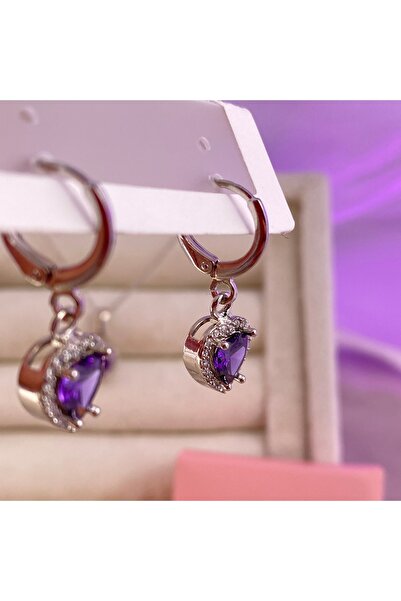Alsem Gümüş Kaplama Mor/Pembe Kalp Taşlı Zirkon Hoop Küpe , Mor/Pembe Kalpli Hoop Küpe