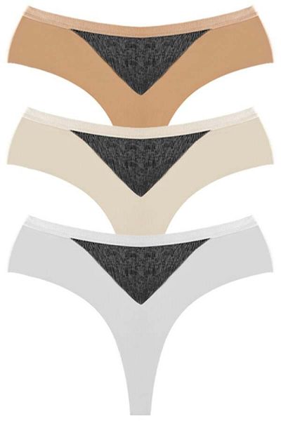 Cottonhill Large Size Laser Cut Thong Panties 3 Pack - Mesh Detail and Elastic Waistband