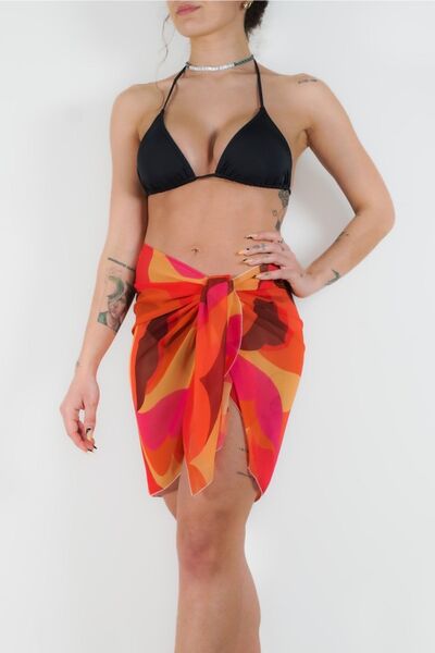 pistore Kırmızı Turuncu Desenli Kısa Pareo Pareo Kadın Plaj Elbisesi Yeni Sezon
