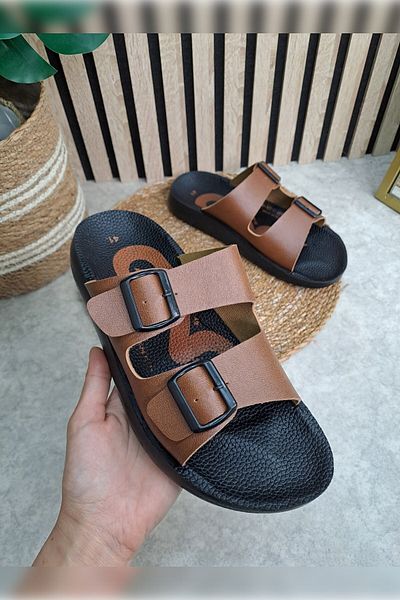 Allyup Men's Casual Tan Slippers - Double Adjustable Buckle, Patterned, Anatomical Soft Sandals 066