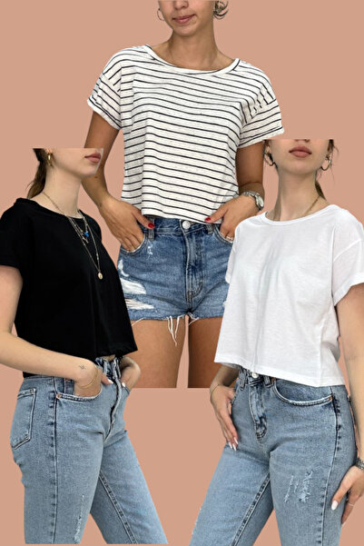 Tam Moda تي شيرت نسائي قصير من القطن برقبة قارب - مجموعة من 3 قطع