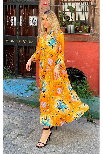 Natavan Rochie de vara din bumbac - portocaliu, cu modele, guler de camasa