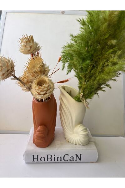 BLANJ Kiremit- Krem Salyangoz ikili Vazo ve mumluk