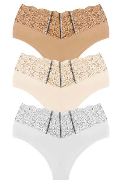 Cottonhill Laser Cut Lace and Stone Detailed Large Size Women's Bikini Panties - Pack of 3