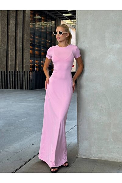 Buklemoda Kısa Kol Bisiklet Yaka Pudra Elbise