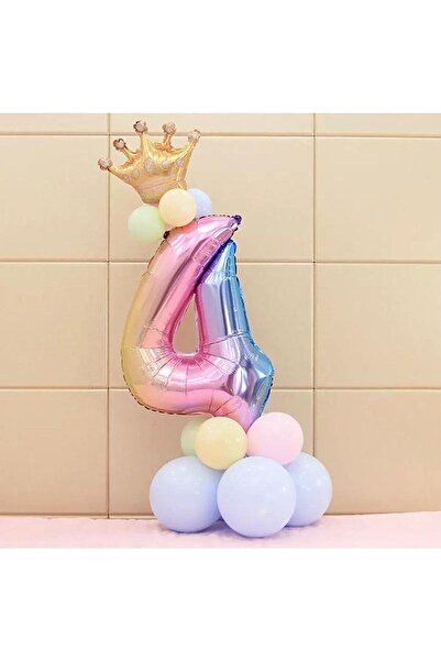BAL10 DÜNYASI 4 Year Old Rainbow Number And King Crown Foil Balloon Birthday