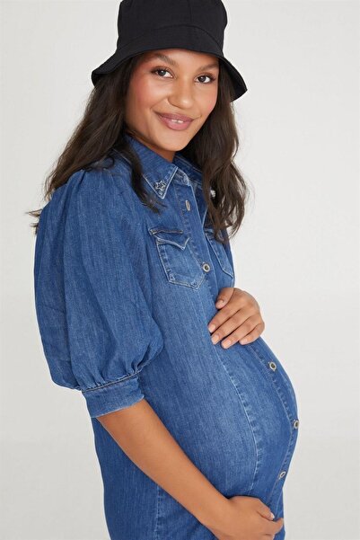 VAVIEN Likralı Hamile Orta Mavi Gömlek Elbise 1031