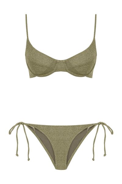 AQUELLA Lurex Arkası Büzgülü Balenli Haki Bikini Takım