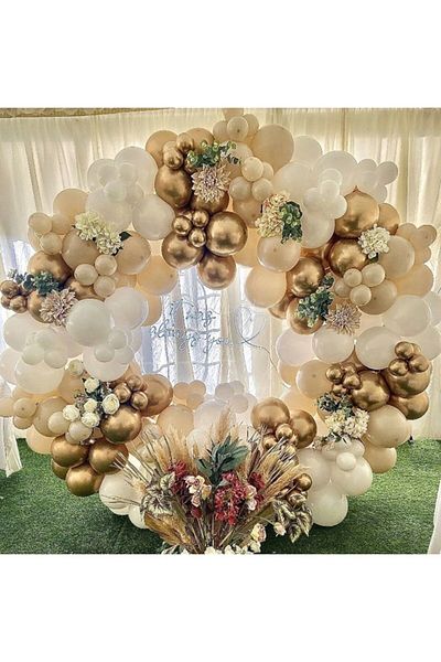 BAL10 DÜNYASI Chrome Gold White and Tan Balloon Balloon Set 50 Pieces + 5 Mt Balloon Chain