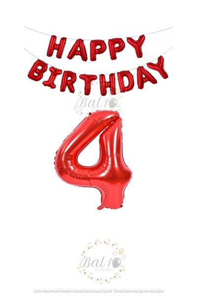 BAL10 DÜNYASI Red Color Happy Birthday and Number Foil Balloon Set Age 4
