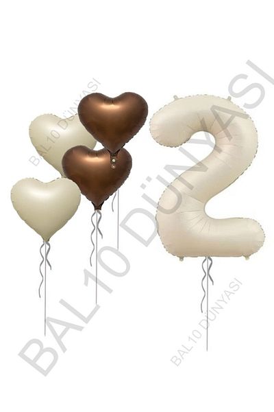 BAL10 DÜNYASI Beige Number and Heart Foil Balloon Set Age 2