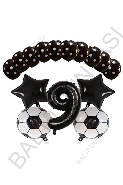 BAL10 DÜNYASI مجموعة بالونات كرة القدم ذات الرقم الأسود والرقم النجمي، العمر 9