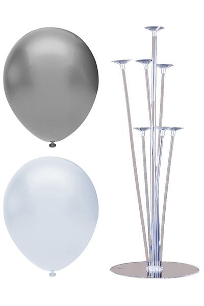 BAL10 DÜNYASI 7 Stick Balloon Stand + 7 Balloons White Silver