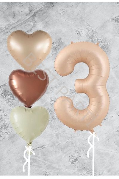 BAL10 DÜNYASI 3 Years Old Sand Beige Foil Balloon Set - Heart Figure