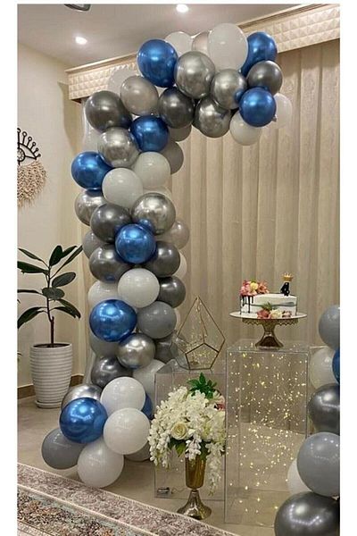 BAL10 DÜNYASI Pastel White-grey -chrome Silver-blue Balloon 60 Pieces + 5 Mt. Balloon Chain