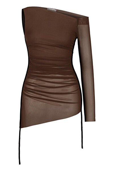 AQUELLA Tek Omuz Kahverengi Tül Plaj Elbise