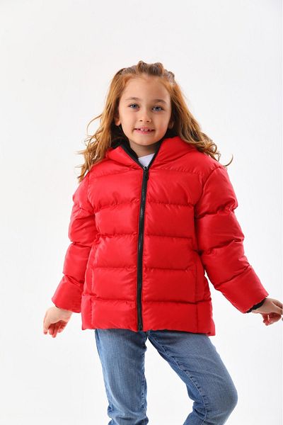 Mina Girl's Red Winter Puffer Jacket - Fleece and Hood