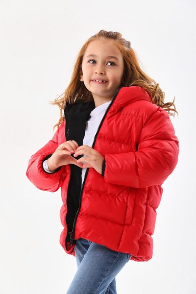 Mina Girl's Red Winter Puffer Jacket - Fleece and Hood