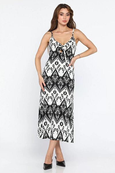 GÜLSELİ patterned Viscose Dress - Black, Rope Strap and Front Tie