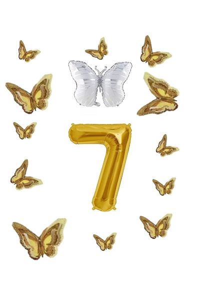 BAL10 DÜNYASI White Butterfly Foil Balloon Themed Birthday Party Set Gold Age 7