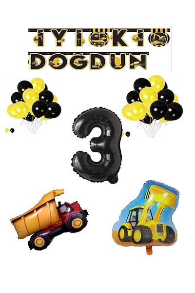 BAL10 DÜNYASI Construction Themed Birthday Banner Truck Scoop Shaped Balloon Set Black Age 3