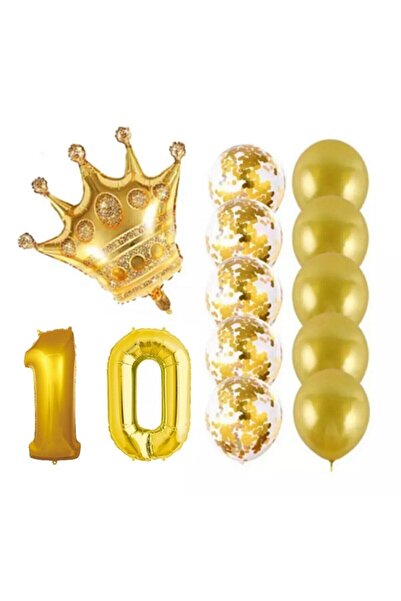 BAL10 DÜNYASI 10 Yaş Kral Taçlı Gold Konfetili Şeffaf Balon Seti