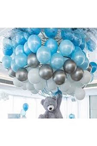 BAL10 DÜNYASI 100 Blue, White, Silver Balloons and 5m Balloon Chain
