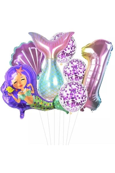 BAL10 DÜNYASI 1 Year Old Sea Concept - Tail, Seashell and Number Balloon Set