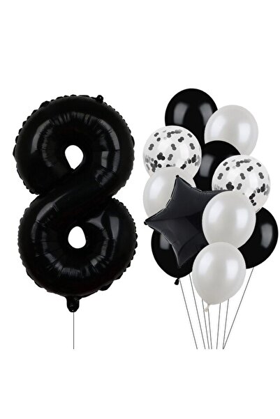 BAL10 DÜNYASI مجموعة بالونات من رقائق الأرقام السوداء واللاتكس لعمر 8 سنوات