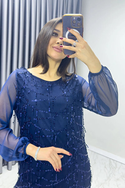 Bersi Butik Plus Size Navy Blue Sequin Evening Dress