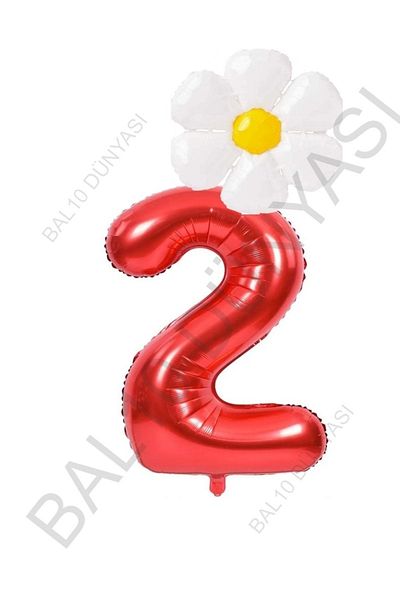 BAL10 DÜNYASI Red Number and White Daisy Foil Balloon Set Age 2