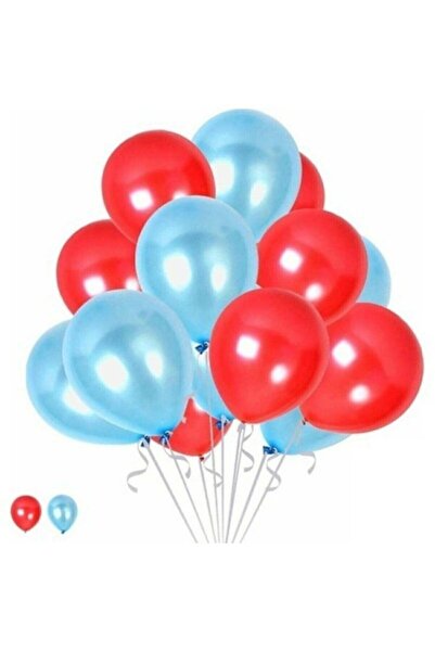 BAL10 DÜNYASI Red - Light Blue Metallic Balloon 25 Pieces