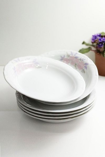 Porland Large Size Müge 6-Piece Floral Patterned 19 cm Porcelain Pit Plate