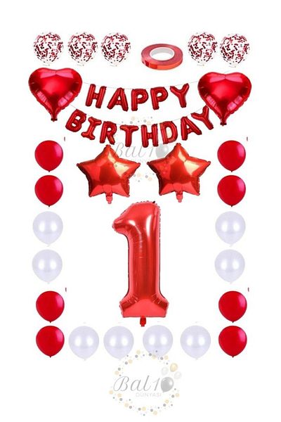 BAL10 DÜNYASI Red Happy Birthday Number Star Heart Foil Balloon and Confetti Balloon Set Age 1