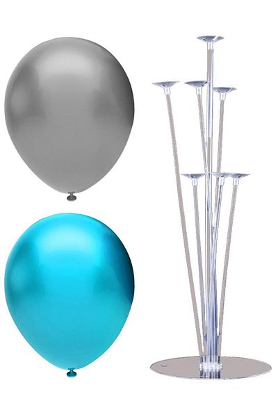 BAL10 DÜNYASI 7 Stick Balloon Stand + 7 Balloons (Light Blue, Silver)