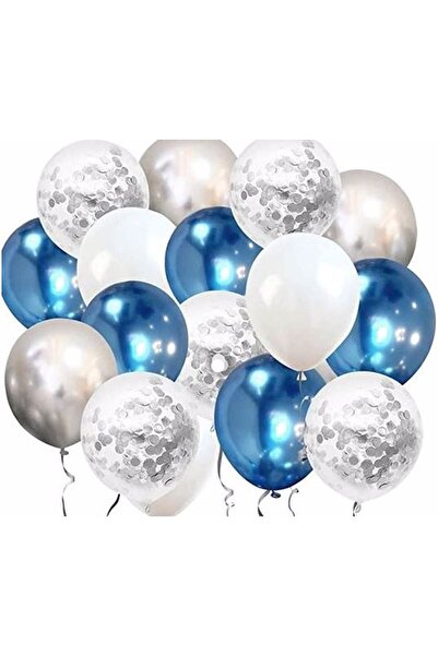 BAL10 DÜNYASI مجموعة بالونات النثار باللون الأبيض والكروم الأزرق والفضي